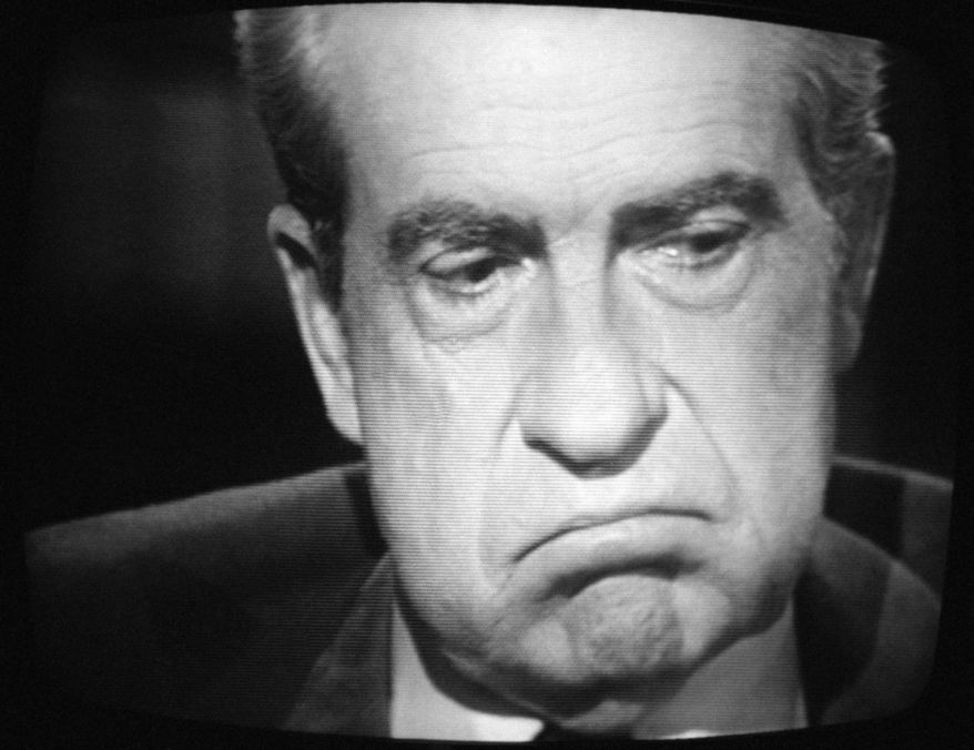Former President Richard M. Nixon, exhibited this expression, Wednesday, May 4, 1977 of paid-for interview  with  David Frost. Nixon conceded that he let his friends, the nation, and our ??Systems of government? Down, but emphasized that he had not committed an impeachable offenses in his own view, in the Watergate coverup. (AP Photo/WNEW TV/Ray Stubblebine)