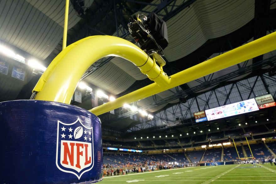 A goalpost is seen before the first half of an NFL football game between the Detroit Lions and the Denver Broncos, Sunday, Sept. 27, 2015, in Detroit. (AP Photo/Rick Osentoski)