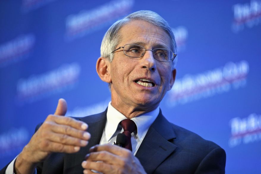 Dr. Anthony Fauci, director of the National Institute of Allergy and Infectious Diseases, speaks at the Economic Club of Washington on various topics including the Zika virus in Washington on Jan. 29, 2016. (Associated Press) **FILE**