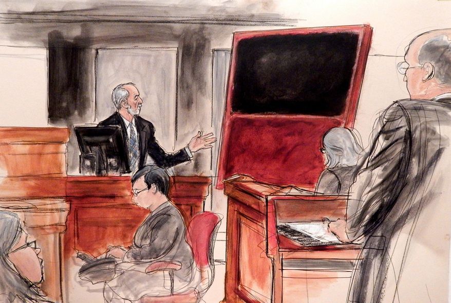 In this courtroom sketch of Wednesday, Jan. 27, 2016, Domenico De Sole, a chairman of the board at Sotheby’s, gestures towards his fake Mark Rothko painting, at a civil trial in New York at Manhattan federal court. In the latest chapter of a scandal that's jolted New York's art world, a federal jury is hearing about a Chinese immigrant who forged fakes of modern masters such as Jackson Pollock and Rothko in his garage, a once-reputable Manhattan gallery that sold them and the wealthy buyers who paid millions for the knockoffs. At left is De Sole's wife Eleanore and at right is De Sole's attorney Gregory Clarick at the podium. (Elizabeth Williams via AP)