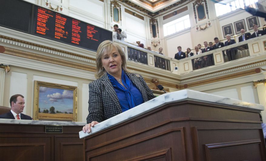Gov. Mary Fallin proposes increasing the cigarette tax and expanding the sales tax to a variety of services that are currently exempt as a way to close an estimated $900 million hole in next year's budget during her State of the State address, Monday, Feb. 1, 2016 in Oklahoma City. (AP Photo/J Pat Carter)