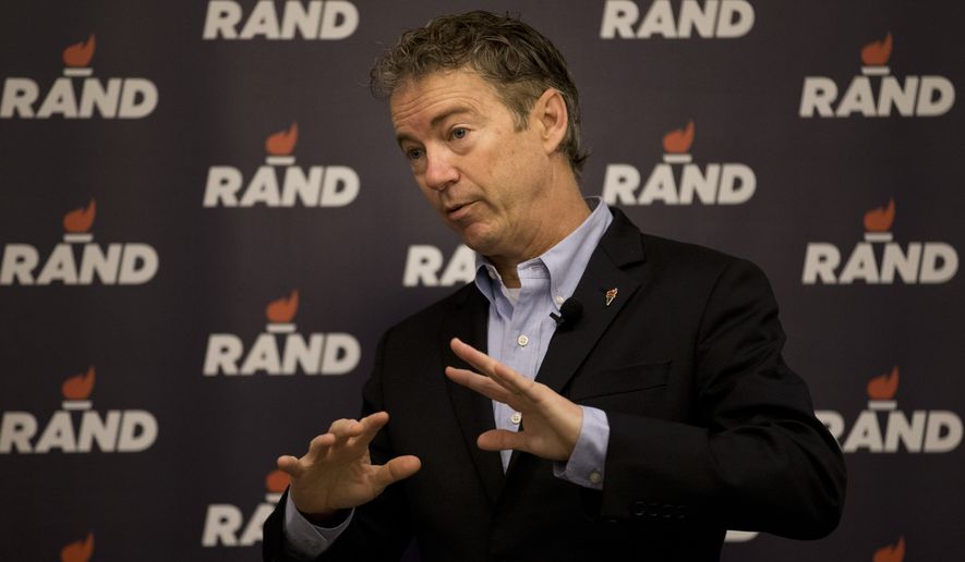Republican presidential candidate, Sen. Rand Paul, R-Ky., speaks during a rally at the Mid-America Center Saturday, Jan. 30, 2016, in Council Bluffs, Iowa. (AP Photo/Jae C. Hong)