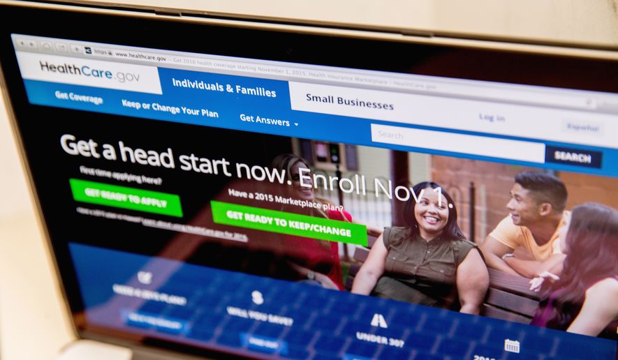 In this Oct. 6, 2015, file photo, the HealthCare.gov website, where people can buy health insurance, is displayed on a laptop screen in Washington. (AP Photo/Andrew Harnik, File)