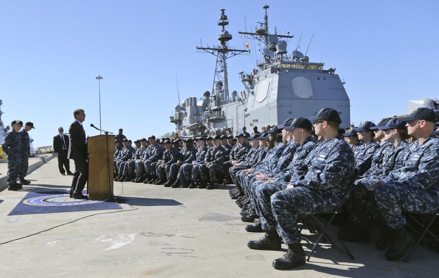 Secretary of Defense Ashton Carter addresses a group of United States sailors during a visit to the San Diego Naval Base Wednesday, Feb. 3, 2016, in San Diego. (AP Photo/Lenny Ignelzi)