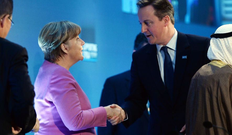 German Chancellor Angela Merkel shakes hands with Prime Minister David Cameron, right, at the &#39;Supporting Syria and the Region&#39; conference at the Queen Elizabeth II Conference Centre in London, Thursday Feb. 4, 2016. Leaders and diplomats around the world are meeting in London Thursday and pledging some billions of dollars to help millions of Syrian people displaced by war, and try to slow the chaotic exodus of refugees into Europe. (Stefan Rousseau / Pool via AP)