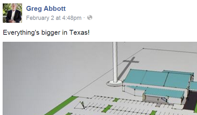 Texas Gov. Greg Abbott&#x27;s remarks on his Facebook page, regarding the planned construction of an immense cross in Corpus Christi, Texas. ** FILE **