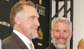 Former NFL players Kevin Greene, left, and Brett Favre, who will be inducted into the Pro Football Hall of Fame class of 2016, attend the Hall of Fame press room at the the 5th annual NFL Honors at the Bill Graham Civic Auditorium on Saturday, Feb. 6, 2016, in San Francisco. (Photo by Jack Dempsey/Invision for NFL/AP Images)