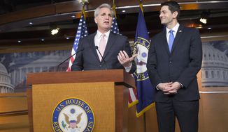 Majority Leader Kevin McCarthy of Calif., left, accompanied by House Speaker Paul Ryan, R-Wis., meets with reporters on Capitol Hill in Washington, Thursday, Feb. 4, 2016. The Republican leaders announced the formation of six committee-led task forces charged with developing agendas on national security, tax reform, jobs, health care reform, elimination of poverty, and more. Ryan also pledged that House Republicans will schedule time this year to vote on legislation reforming the criminal justice system. (AP Photo/J. Scott Applewhite)