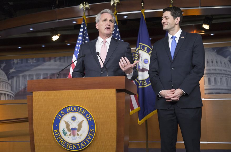 Majority Leader Kevin McCarthy of Calif., left, accompanied by House Speaker Paul Ryan, R-Wis., meets with reporters on Capitol Hill in Washington, Thursday, Feb. 4, 2016. The Republican leaders announced the formation of six committee-led task forces charged with developing agendas on national security, tax reform, jobs, health care reform, elimination of poverty, and more. Ryan also pledged that House Republicans will schedule time this year to vote on legislation reforming the criminal justice system. (AP Photo/J. Scott Applewhite)