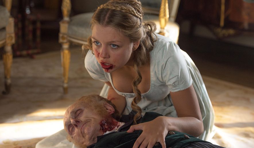 This image released by Screen Gems shows Jess Radomska in a scene from "Pride and Prejudice and Zombies." (Jay Maidment/Screen Gems, Sony via AP)