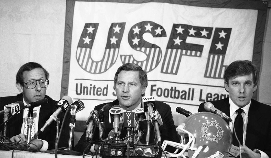 In this Aug. 2, 1985, file photo, Donald Trump, right, New York real estate magnates Stephen Ross, left, and USFL Commissioner Harry L. Usher, center, participate in a news conference in New York to discuss the agreement they have reached in principle to merge the Houston Gamblers and New Jersey Generals football franchises. The New Jersey Generals have been largely forgotten, but Trump’s ownership of the team was formative in his evolution as a public figure and peerless self-publicist. With money and swagger, he led a shaky and relatively low-budget spring football league, the USFL, into a showdown with the NFL. (AP Photo/Marty Lederhandler, File) **FILE**