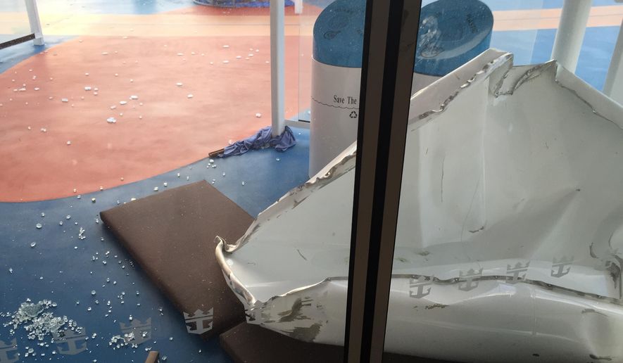 This image made available by Flavio Cadegiani shows damage to Royal Caribbean&#39;s ship Anthem of the Seas, Monday, Feb. 8, 2016. The ship ran into high winds and rough seas in the Atlantic Ocean on Sunday, forcing passengers into their cabins overnight. No injuries were reported and only minor damage to some public areas. The ship is turning around and sailing back to its home port in New Jersey. (Flavio Cadegiani via AP)