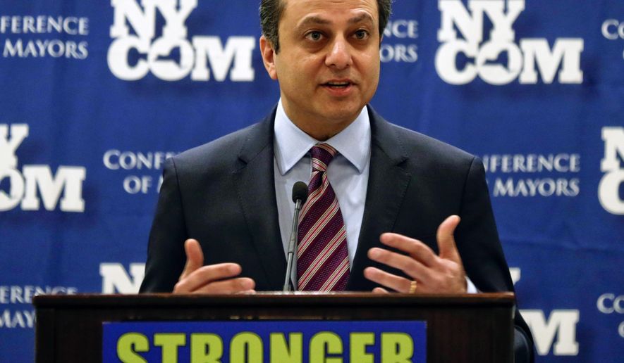 U.S. Attorney Preet Bharara speaks at the New York State Conference of Mayors and Municipal Officials meeting on Monday, Feb. 8, 2016, in Albany, N.Y. (AP Photo/Mike Groll)