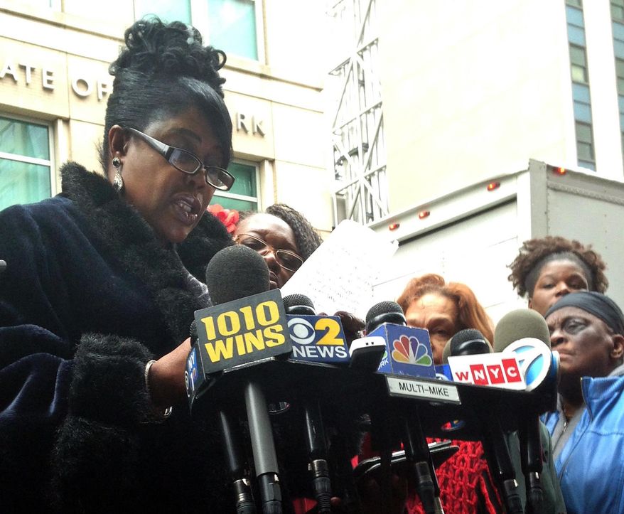 Sylvia Palmer, mother of Akai Gurley, speaks outside state Supreme Court in the Brooklyn borough of New York Monday, Feb 8, 2016, after hearing NYPD Officer Peter Liang testify about Gurley's 2014 death in a housing project stairwell. Lawyers for Liang say the evidence doesn't meet legal requirements for the charges, which accuse him of disregarding a substantial and unjustifiable risk of serious injury or death, and have asked the judge to dismiss the case. (AP Photo/Jennifer Peltz)
