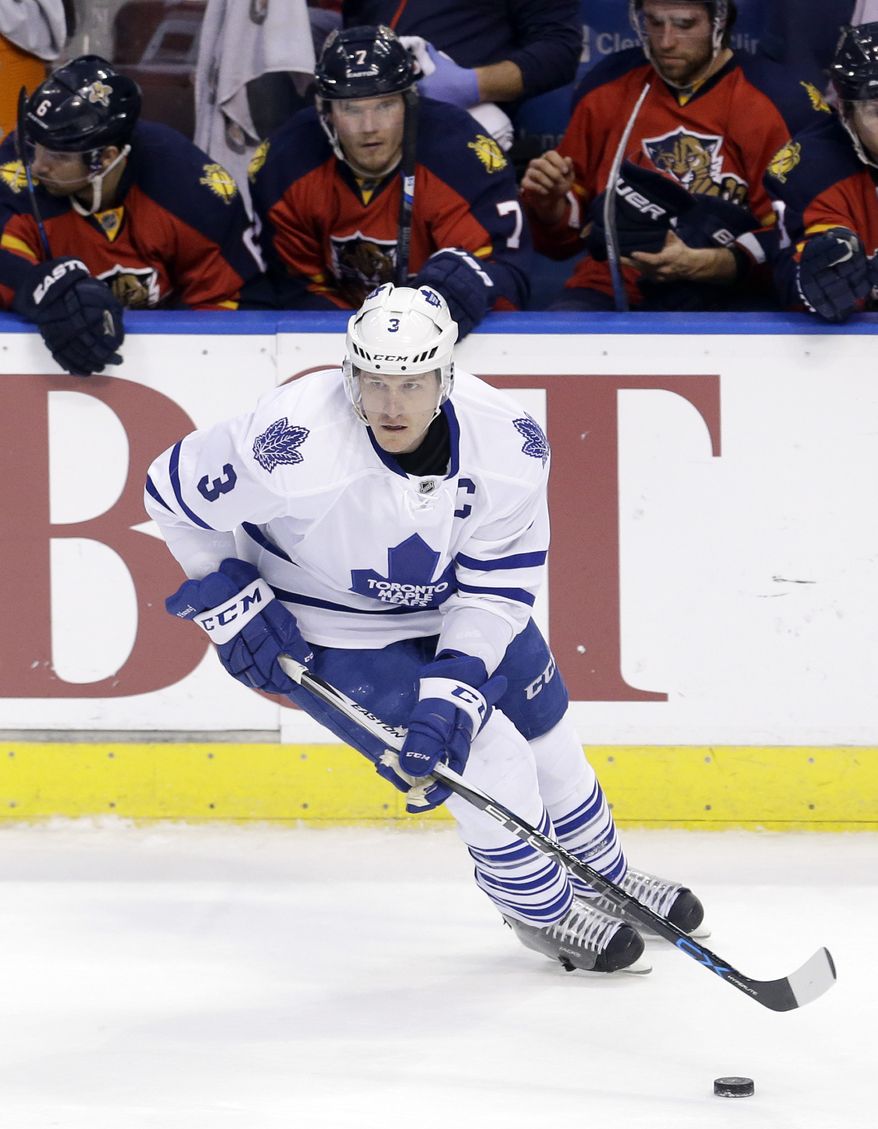 Toronto Maple Leafs defenseman Dion Phaneuf (3) skates with the puck against the Florida Panthers during the second period of an NHL hockey game, Tuesday, Jan. 26, 2016, in Sunrise, Fla. (AP Photo/Alan Diaz)