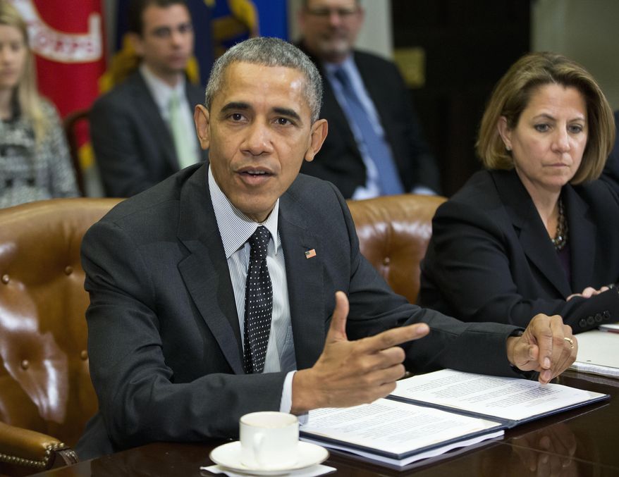 President Barack Obama meets with members of this national security team and cybersecurity advisers in the Roosevelt Room of the White House in Washington,Tuesday, Feb. 9, 2016. At right is Lisa Monaco, assistant to the president for Homeland Security and Counterterrorism. (AP Photo/Pablo Martinez Monsivais)