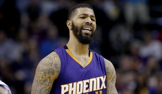 Phoenix Suns&#39; Markieff Morris reacts to a call during the second half of the team&#39;s NBA basketball game against the Golden State Warriors, Wednesday, Feb. 10, 2016, in Phoenix. (AP Photo/Matt York)