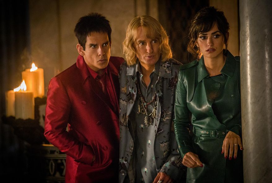 In this image released by Paramount Pictures, Ben Stiller portrays Derek Zoolander, from left, Owen Wilson portrays Hansel and Penelope Cruz portrays Valentina Valencia in a scene from, "Zoolander 2." (Philippe Antonello/Paramount Pictures via AP)
