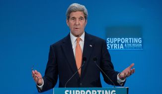 FILE - In this Feb. 4, 2016 file-pool photo, Secretary of State John Kerry at a conference entitled &#39;Supporting Syria &amp;amp; The Region,&#39;  in London. As Kerry heads to Munich, Wednesday, Feb. 10, 2016,  in search of compromises that could yield a truce and revive peace talks that were suspended before they really started, the administration is being pressed by all sides to clarify its strategy.  (Nicholas Kamm/Pool Photo via AP, File)