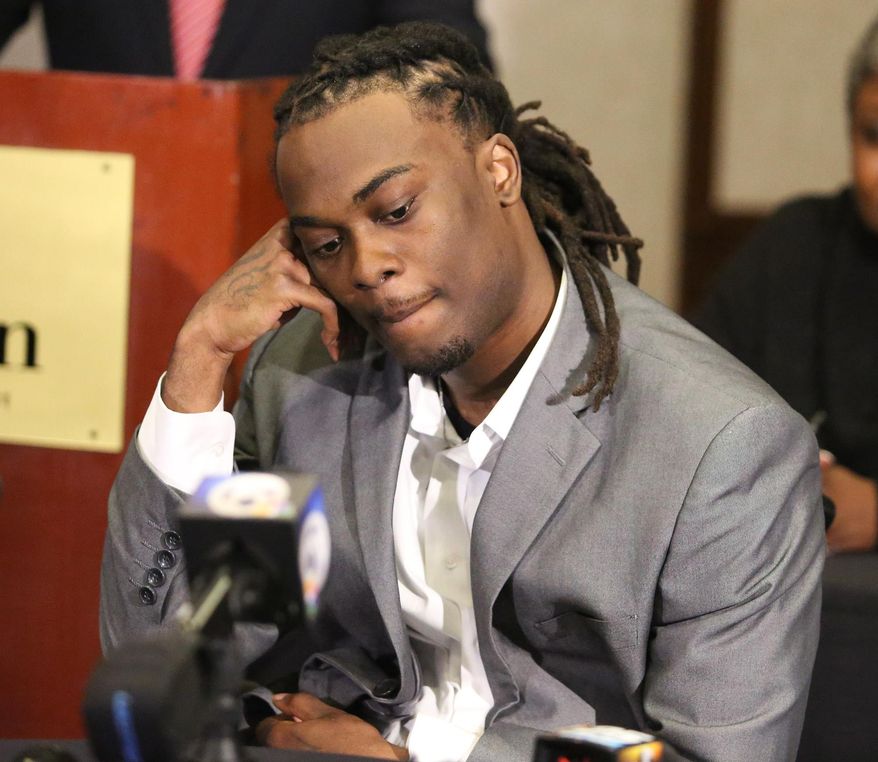 Dontrell Stephens, who was awarded $23 million by a federal jury last week after suing the Palm Beach County Sheriff's Office after he was left paralyzed in a 2013 shooting by a deputy, attends a news conference, Thursday, Feb. 11, 2016, in West Palm Beach. Fla. Stephens said Thursday he forgives the sheriff’s deputy who shot and paralyzed him but would like an apology. (Carline Jean/South Florida Sun-Sentinel via AP) MAGS OUT; MANDATORY CREDIT