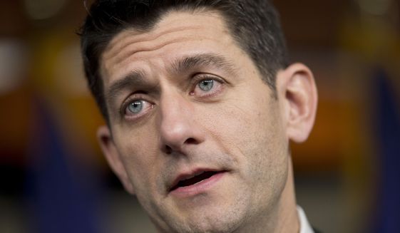 In this photo taken Feb. 11, 2016, House Speaker Paul Ryan of Wis. speaks during his weekly news conference on Capitol Hill in Washington. Ryan is delivering a message to conservatives unhappy with last year&#39;s pact with President Barack Obama that boosted spending for the Pentagon and domestic agencies: You&#39;re stuck with it.  (AP Photo/Alex Brandon)