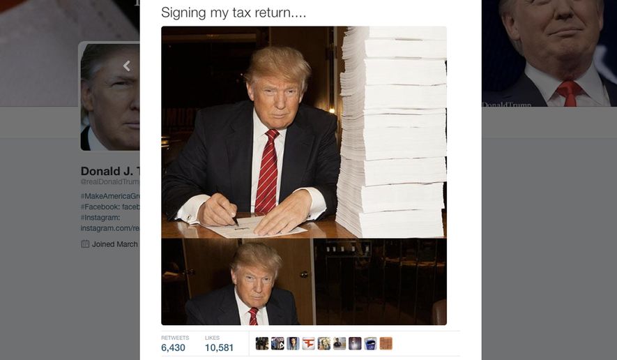 This image from Republican presidential candidate Donald Trump's campaign shows Trump signing his tax return. Former Republican presidential candidate Mitt Romney offered Republican presidential candidates this advice about a hard-won lesson: releasing tax returns before the primaries elections avoids tough scrutiny later. The top three Republicans leading in national polls don’t appear to be listening. (Trump Presidential Campaign via AP)