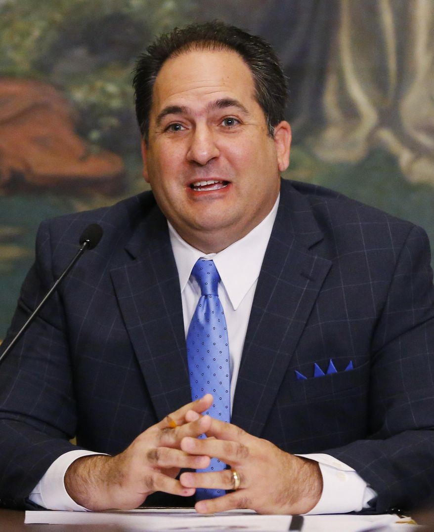 FILE - In this Sept. 1, 2015 file photo, Oklahoma state Sen. Kyle Loveless, R-Oklahoma City, speaks during a hearing on civil asset forfeiture laws in Oklahoma City. Loveless, who wants to reign in a civil practice that lets police seize cash and other assets without a criminal conviction from people they suspect of drug-trade involvement fears his colleagues won't take up his bill this session. (AP Photo/Sue Ogrocki, File)