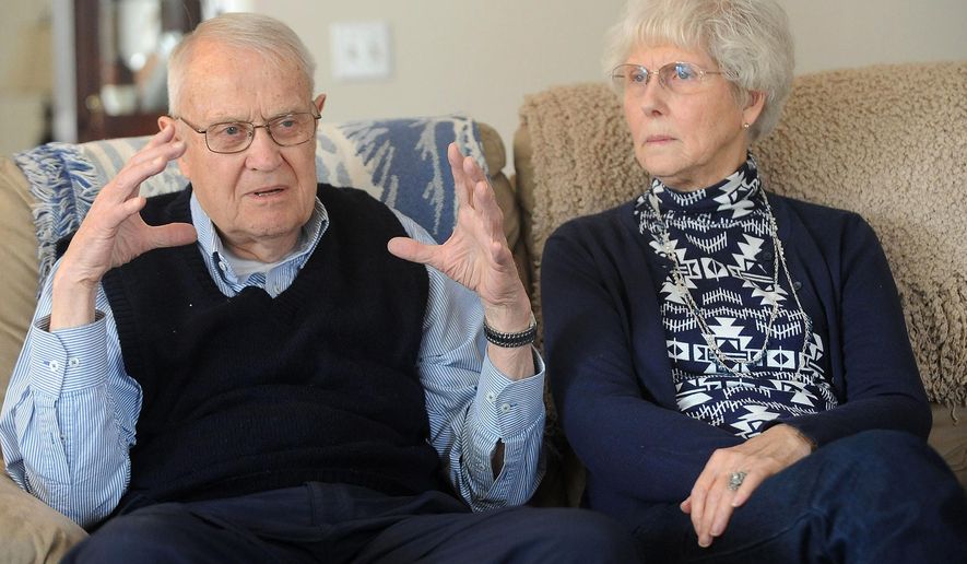 In this photo taken on Monday, Feb. 1, 2016, Glenn Baker and his wife Carol discuss Dr. Albert Starr and the heart valve he implanted in to Baker in 1965, in Vancouver, Wash. Baker is the oldest person alive with that particular model of heart valve. (Natalie Behring (/The Columbian via AP) MANDATORY CREDIT