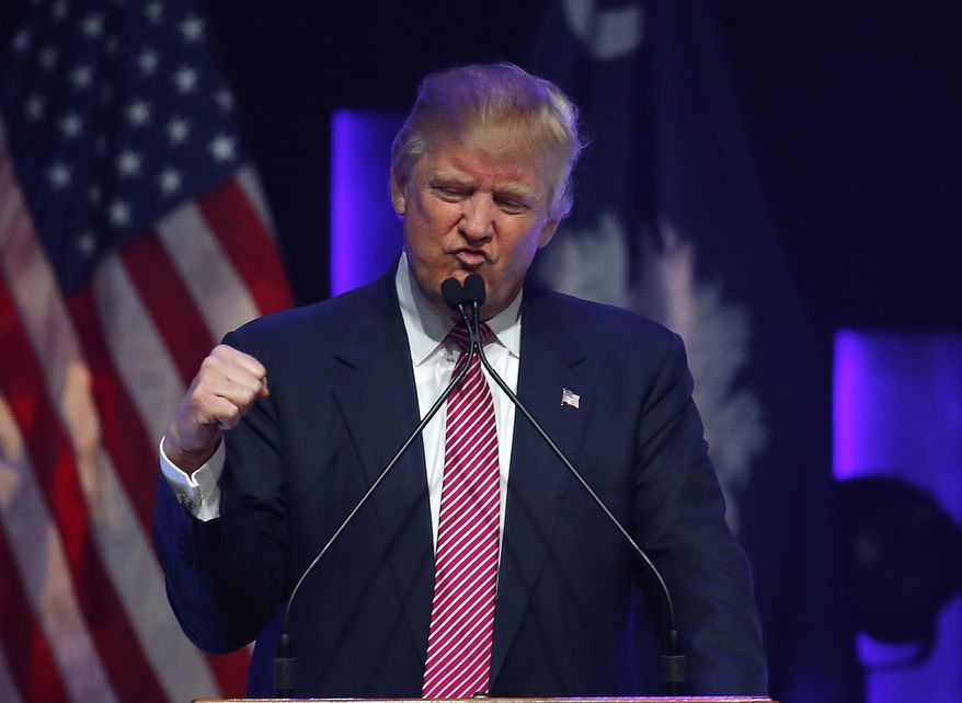 Republican presidential candidate Donald Trump speaks during a campaign stop, Monday, Feb. 15, 2016, in Greenville, S.C. (AP Photo/Paul Sancya)