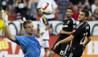 D.C. United goalkeeper Andrew Dykstra (50) and teammate defender Chris Korb (22) watch an attempt by Real Salt Lake forward Devon Sandoval (49) during the first half of an MLS soccer match in Washington, Saturday, Aug. 1, 2015. Sandoval missed to the goal.    (AP Photo/Manuel Balce Ceneta)