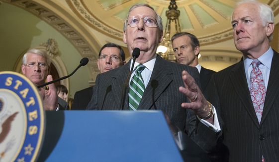 FILE - In this Feb. 9, 2016, file photo, Senate Majority Leader Mitch McConnell of Ky., joined by, from left, Sen. Roger Wicker, R-Miss., Sen. John Barrasso, R-Wyo., Sen. John Thune, R-S.D. and Senate Majority Whip John Cornyn, R-Texas, talks to reporters on Capitol Hill in Washington, Tuesday, Feb. 9, 2016, following a closed-door policy meeting about legislation to hit North Korea with more stringent sanctions in the wake of Pyongyang&#39;s recent satellite launch. While North Korea&#39;s economic isolation and the international financial system make it tricky to identify sanction targets and prove violations, the new U.S. legislation could hit companies in China that deal with the North, including those that buy its main exports,  coal and minerals.(AP Photo/J. Scott Applewhite, File)