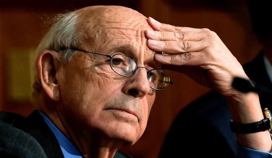 Supreme Court Justice Stephen Breyer pauses before speaking at Yale Law School in New Haven, Conn., on Wednesday, Feb. 17, 2016. (Peter Hvizdak/New Haven Register via AP) ** FILE **