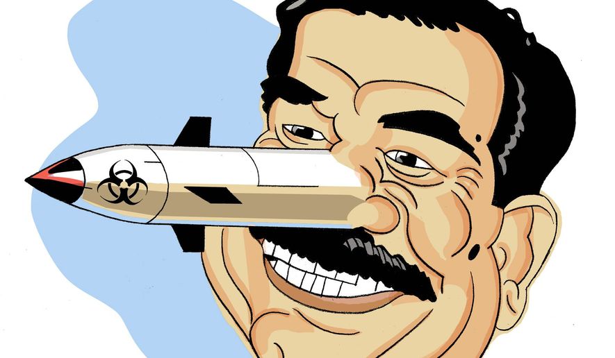 Illustration on the reasons behind Saddam Hussien&#39;s WMD deception by Alexander Hunter/The Washington Times