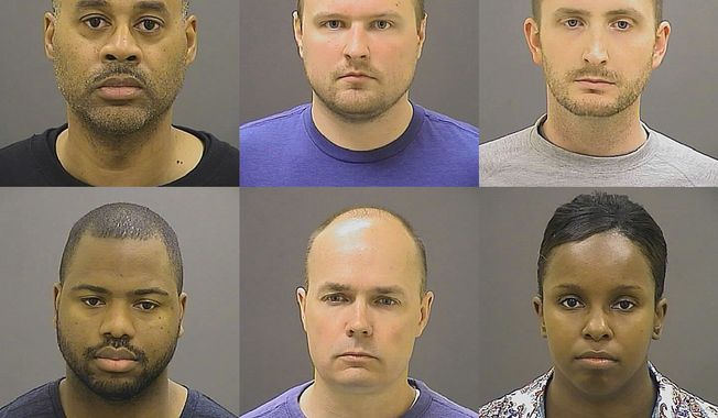 These undated photos provided by the Baltimore Police Department, show Baltimore police officers, top row from left, Caesar R. Goodson Jr., Garrett E. Miller and Edward M. Nero, and bottom row from left, William G. Porter, Brian W. Rice and Alicia D. White, charged with felonies ranging from assault to murder in the police-custody death of Freddie Gray. (Baltimore Police Department via AP, File)