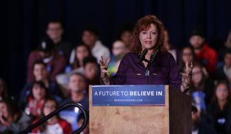 Actress Susan Sarandon speaks during a rally for Democratic presidential candidate, Sen. Bernie Sanders, I-Vt., Friday,  Feb. 19, 2016, in Reno, Nev. (AP Photo/Marcio Jose Sanchez)