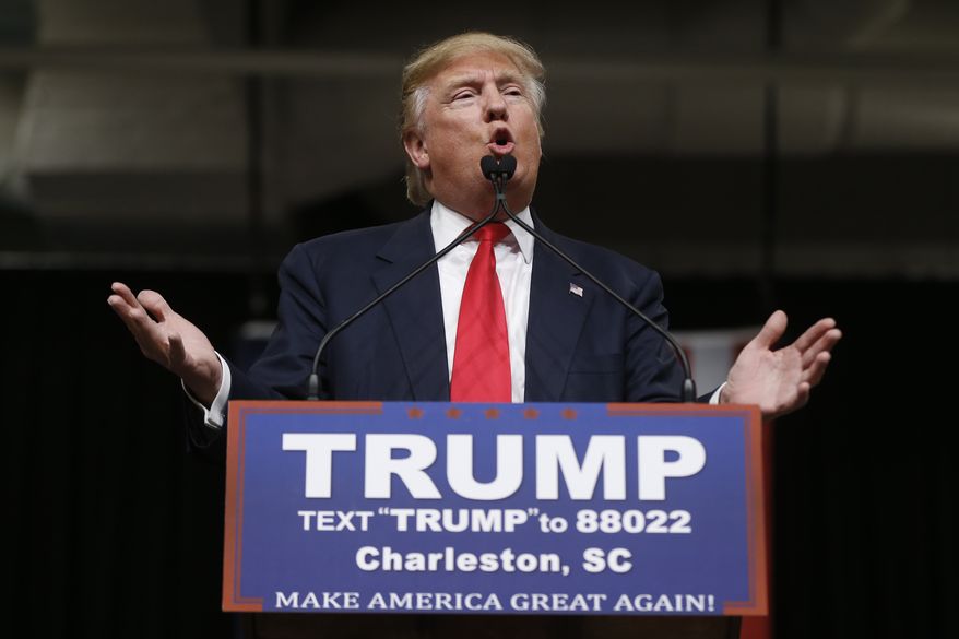Republican presidential candidate Donald Trump speaks during a campaign stop Friday, Feb. 19, 2016, in North Charleston, S.C. (AP Photo/Matt Rourke)