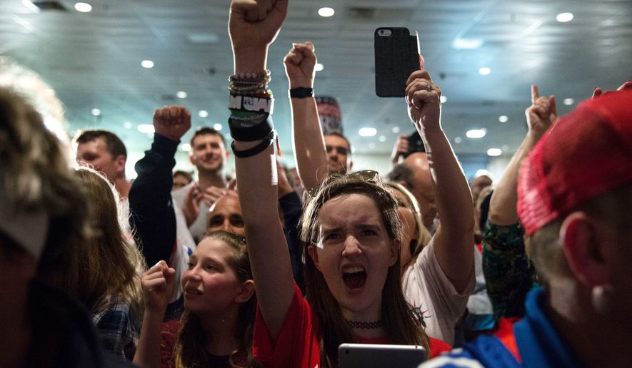 Members of the crowd cheer before Republican presidential candidate, Sen. Ted Cruz, R-Texas, appears for his South Carolina primary night rally at the South Carolina State Fairgrounds in Columbia, S.C., Saturday, Feb. 20, 2016. (AP Photo/Andrew Harnik)