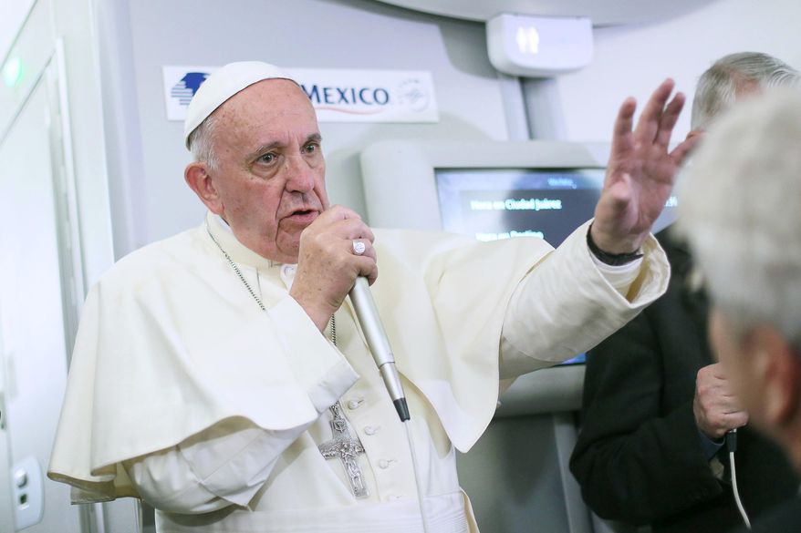 FILE - In this Feb. 17, 2016, file photo, Pope Francis meets journalists aboard the plane during the flight from Ciudad Juarez, Mexico to Rome, Italy. Despite their staunch opposition to contraceptives, Philippine Roman Catholic bishops expressed their full support Saturday, Feb. 20 to Pope Francis' remarks suggesting artificial contraception can be used by women threatened by the Zika virus. (Alessandro Di Meo/Pool Photo via AP, File)