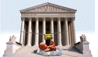 Illustration on the current Supreme Court dead end for abortion prohibition cases by Alexander Hunter/The Washington Times