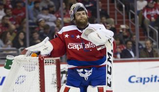 Washington Capitals goalie Braden Holtby looks off after giving up a goal to the Montreal Canadiens during the first period of an NHL hockey game, on Wednesday, Feb. 24, 2016, in Washington. (AP Photo/Evan Vucci)
