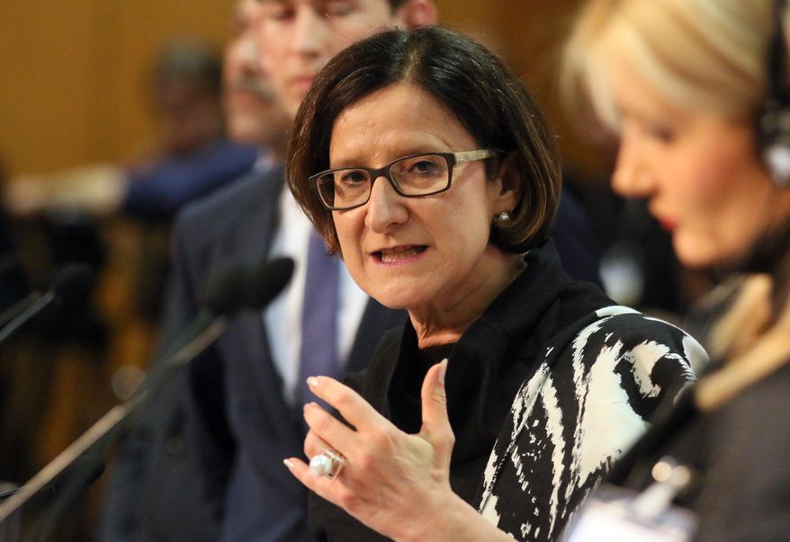 Austrian Interior Minister Johanna Mikl-Leitner informs the press during the western Balkans conference in Vienna, Austria, Wednesday, Feb. 24, 2016. Austria wants not only to crimp the influx of migrants pouring into Europe but to fully stop it, its interior minister declared Wednesday as she convened a meeting of ministers from Western Balkan nations. Greece — which was not invited — blasted the gathering as "hostile." (AP Photo/Ronald Zak)