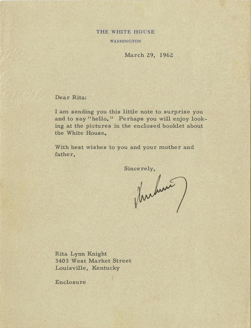 This image provided by Raab Collection President Nathan Raab shows a letter President John F. Kennedy sent to a little girl who was a big fan. The rare documents dealer is selling the short, typed letter to 5-year-old Rita Lynn Knight for $15,000. The girl's father had written Kennedy to share an anecdote about Rita hoping to use 2 cents to buy a bus ticket to Washington from her home in Louisville, Ky. (Raab Collection via AP) MANDATORY CREDIT