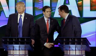 Republican presidential candidate, businessman Donald Trump, pauses as Republican presidential candidate, Sen. Marco Rubio, R-Fla., center and Republican presidential candidate, Sen. Ted Cruz, R-Texas, greet at a break during a Republican presidential primary debate at The University of Houston, Thursday, Feb. 25, 2016, in Houston. (AP Photo/David J. Phillip)