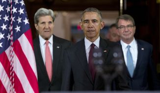 President Barack Obama, center, followed by Secretary of State John Kerry, left, and Defense Secretary Ash Carter right, walks to a podium to speak to media after a meeting of his National Security Council (NSC) at the State Department in Washington, Thursday, Feb. 25, 2016. The meeting focused on the global campaign to degrade and destroy ISIL as well as Syria and other regional issues. (AP Photo/Carolyn Kaster)