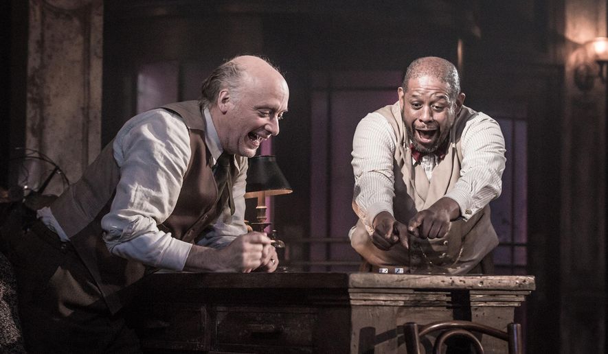 This image released by Polk & Co. shows Frank Wood, left, and Forest Whitaker in a scene from "Hughie." (Marc Brenner/Polk & Co. via AP)