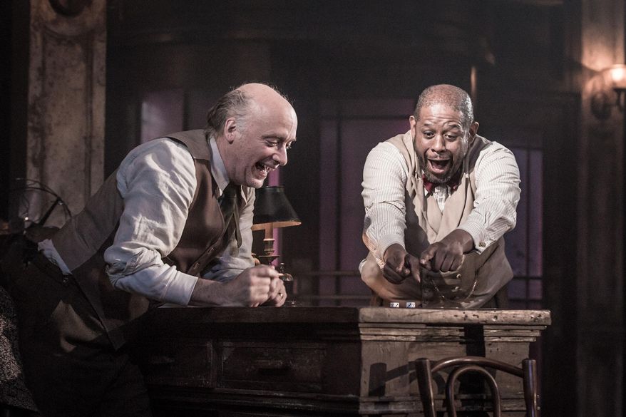 This image released by Polk & Co. shows Frank Wood, left, and Forest Whitaker in a scene from "Hughie." (Marc Brenner/Polk & Co. via AP)