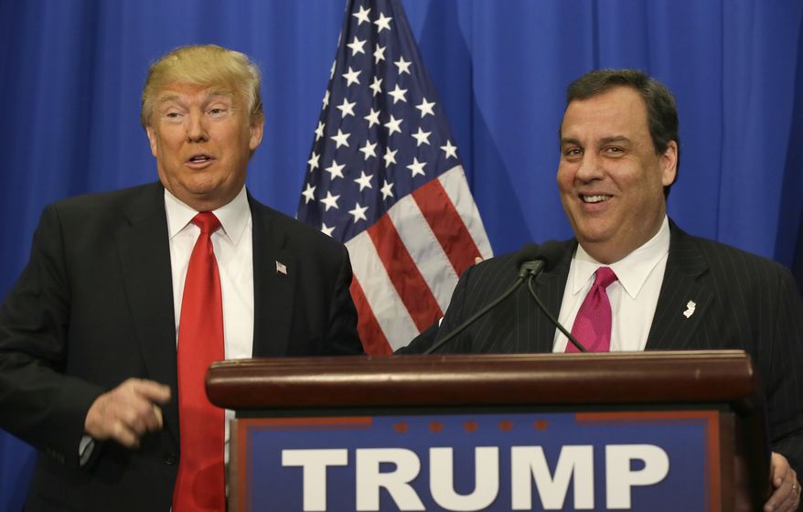 Republican presidential candidate Donald Trump stands with New Jersey Gov. Chris Christie before a rally in Fort Worth, Texas, Friday, Feb. 26, 2016. (AP Photo/LM Otero)