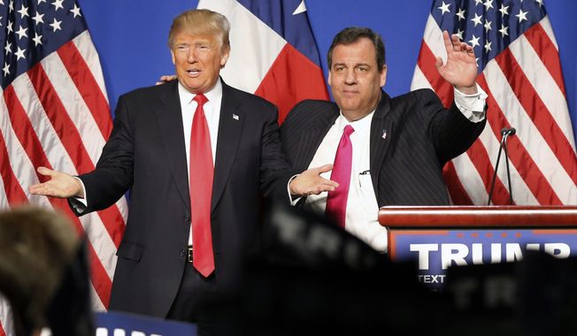 New Jersey Gov. Chris Christie, right, introduced Republican presidential candidate Donald J. Trump after endorsing him before a rally at the Fort Worth Convention Center in Fort Worth,Texas, Friday, Feb. 26, 2016. Christie backed Trump in the Republican race for president Friday, a powerhouse endorsement as the billionaire tries to beat back assaults on his character from a newly aggressive rival, Marco Rubio. (Tom Fox/The Dallas Morning News via AP)New Jersey Governor Chris Christie (right) introduced Republican presidential candidate Donald J. Trump after endorsing him before a rally at the Fort Worth Convention Center in downtown Fort Worth, Friday, February 26, 2016. Trump is campaigning in Texas ahead of the Super Tuesday elections next week.  (Tom Fox/The Dallas Morning News) MANDATORY CREDIT; MAGS OUT; TV OUT; INTERNET USE BY AP MEMBERS ONLY; NO SALES