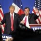 New Jersey Gov. Chris Christie, right, introduced Republican presidential candidate Donald J. Trump after endorsing him before a rally at the Fort Worth Convention Center in Fort Worth,Texas, Friday, Feb. 26, 2016. Christie backed Trump in the Republican race for president Friday, a powerhouse endorsement as the billionaire tries to beat back assaults on his character from a newly aggressive rival, Marco Rubio. (Tom Fox/The Dallas Morning News via AP)New Jersey Governor Chris Christie (right) introduced Republican presidential candidate Donald J. Trump after endorsing him before a rally at the Fort Worth Convention Center in downtown Fort Worth, Friday, February 26, 2016. Trump is campaigning in Texas ahead of the Super Tuesday elections next week.  (Tom Fox/The Dallas Morning News) MANDATORY CREDIT; MAGS OUT; TV OUT; INTERNET USE BY AP MEMBERS ONLY; NO SALES