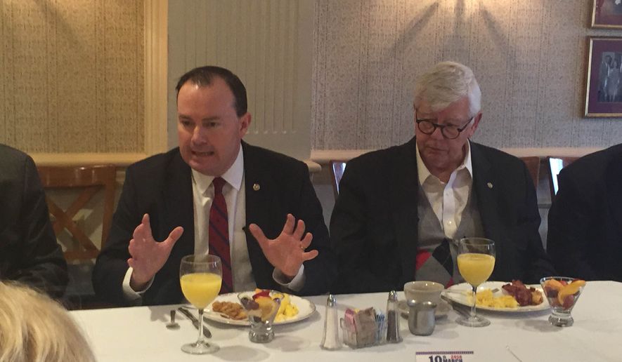 Sen. Mike Lee, Utah Republican, (left) makes a point at a Feb. 25, 2016, breakfast gathering for members of The Washington Times&#x27; Insights Club. David Keene, The Times&#x27; editorial and opinion editor and president of Insights Club, moderated. (Photo by The Washington Times)